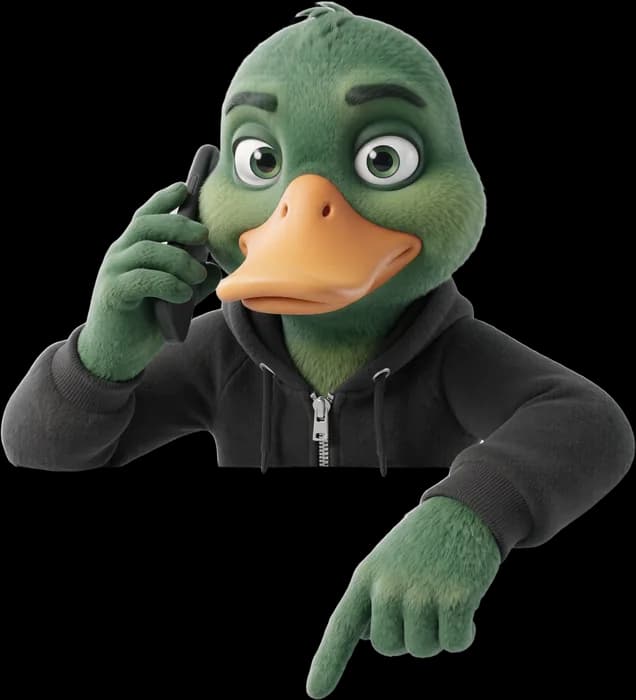 Patolena, el pato de Palena, hablando por teléfono y apuntando al formulario